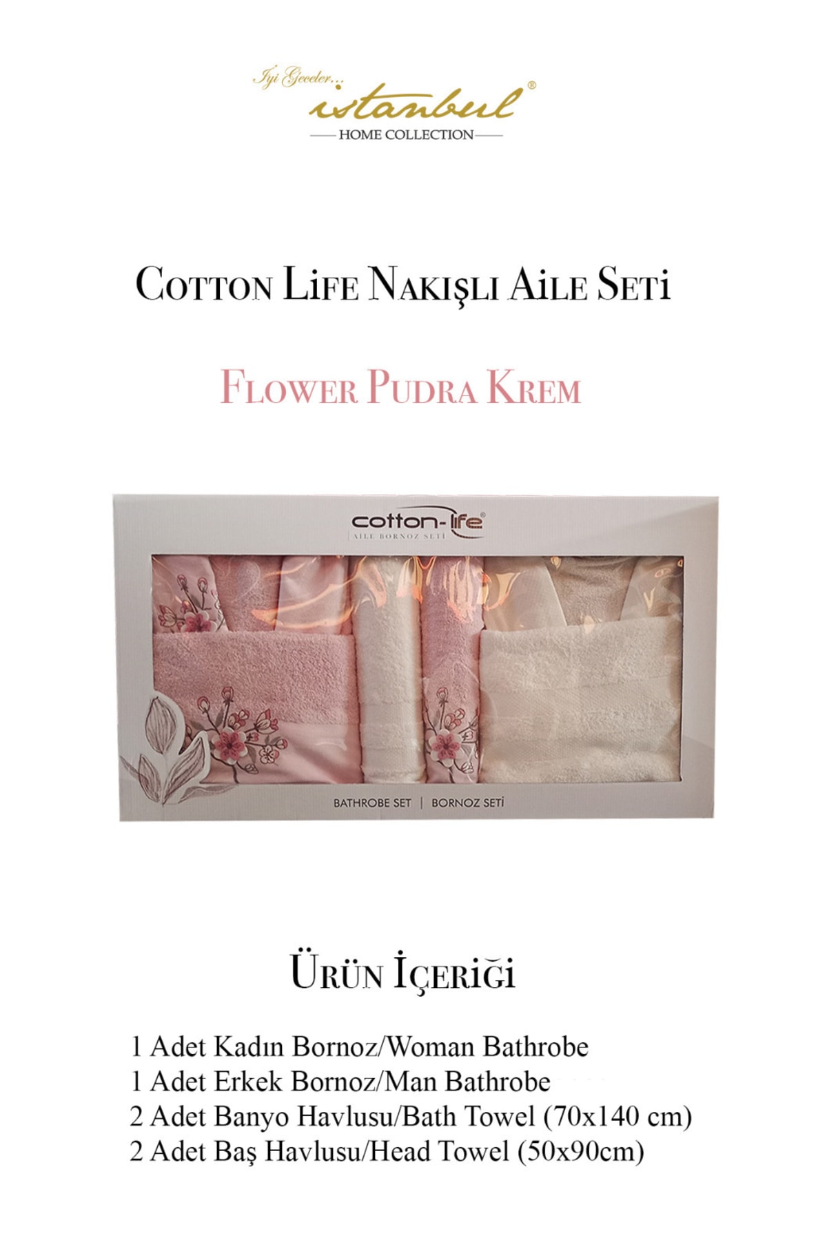 İyi Geceler İstanbul Cotton-life Aile Bornoz Seti Flower Pudra-krem