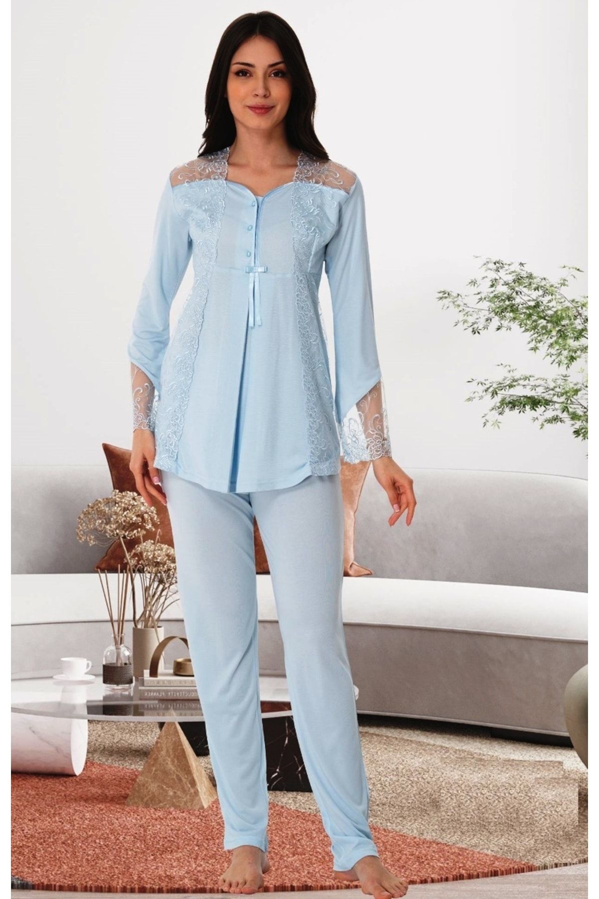 Lace Sleeve Detail Maternity Pajama Set - Blue