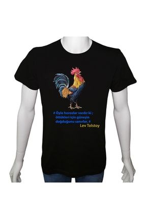 Unisex T-shirt Siyah 'aforizma / Güneşi Doğduran Horoz' Baskılı MT22-UTURS-0006-SYH