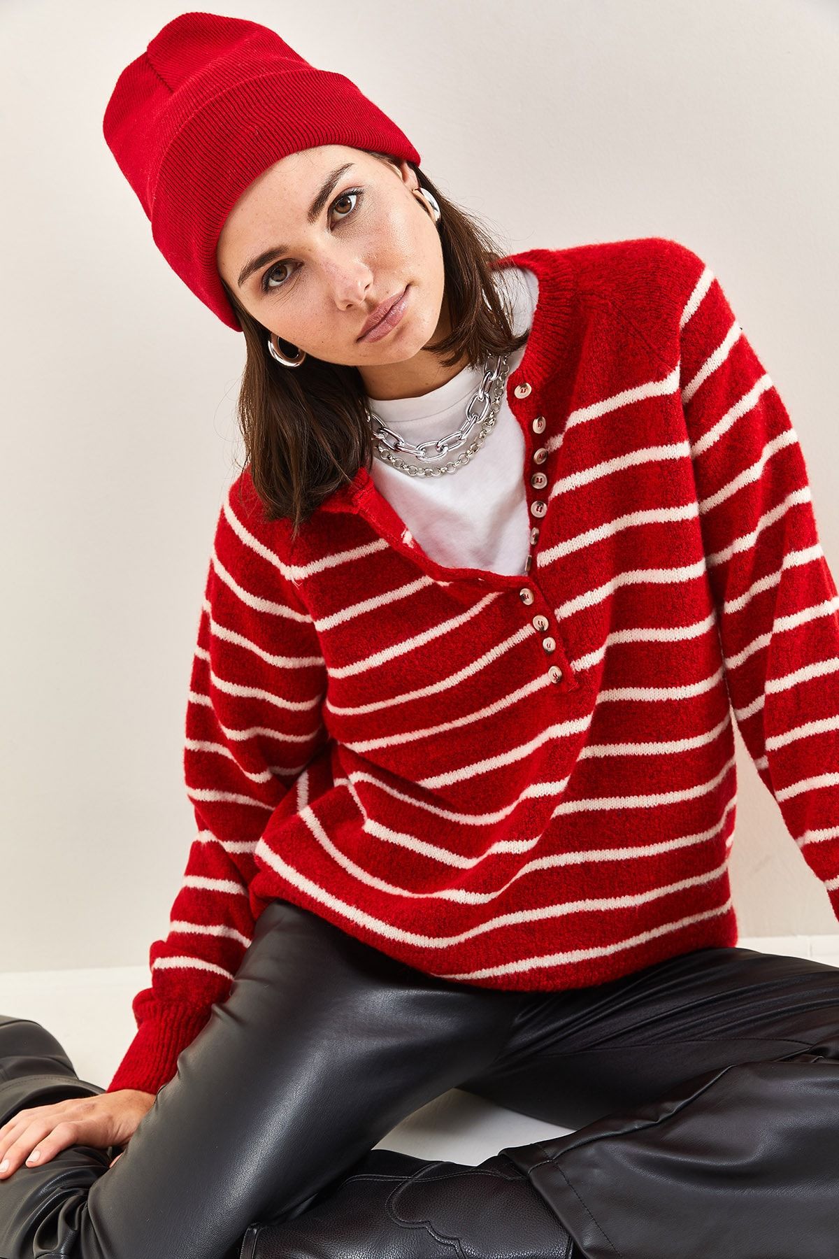 Red and discount white striped turtleneck