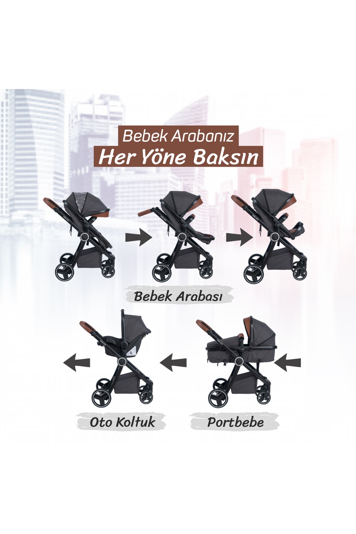 Oro Hafif Çift Yönlü Portbebe Olabilen Tek El İle Katlanabilir Travel Sistem Anakucaklı Bebek Arabası Dark Pearl 5