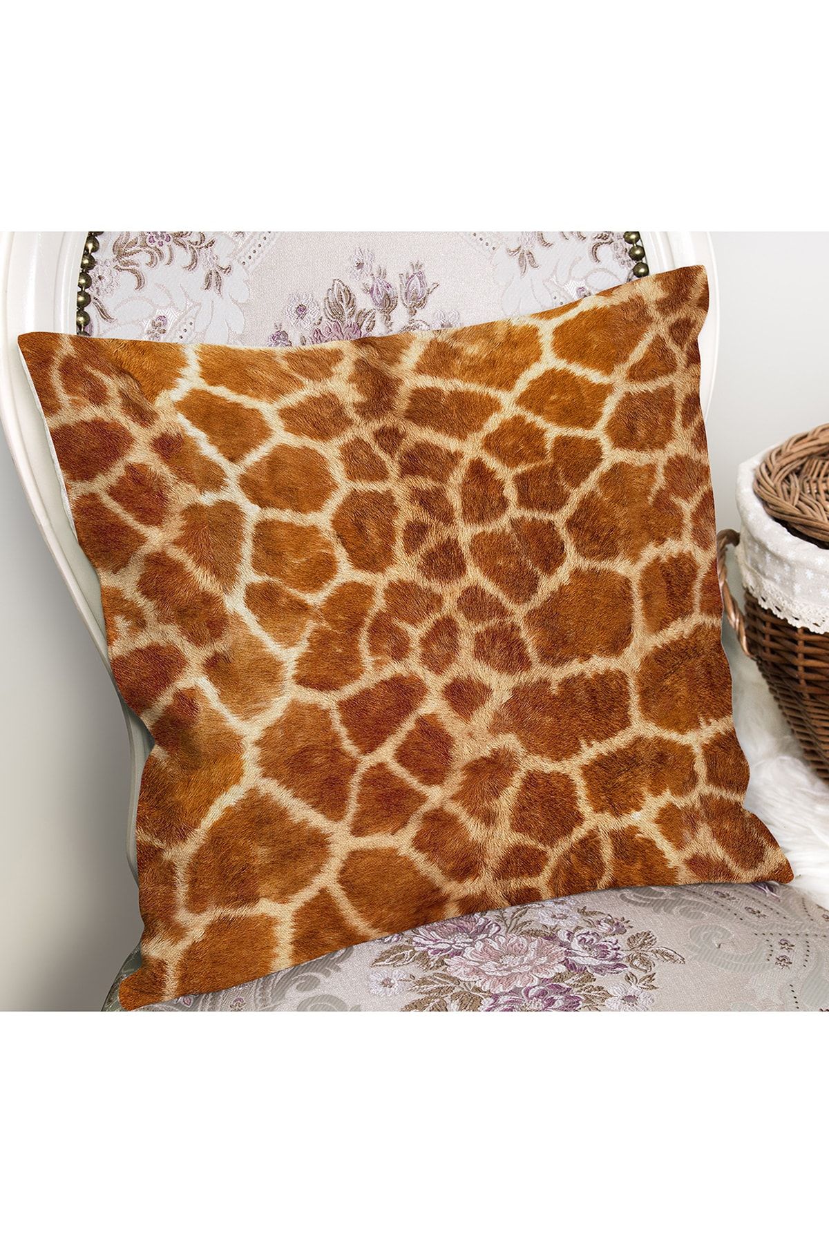 Realhomes-Digital Printed Pillow and Cushion Cover with Giraffe Motif and Fur Pattern on Brown Background 2
