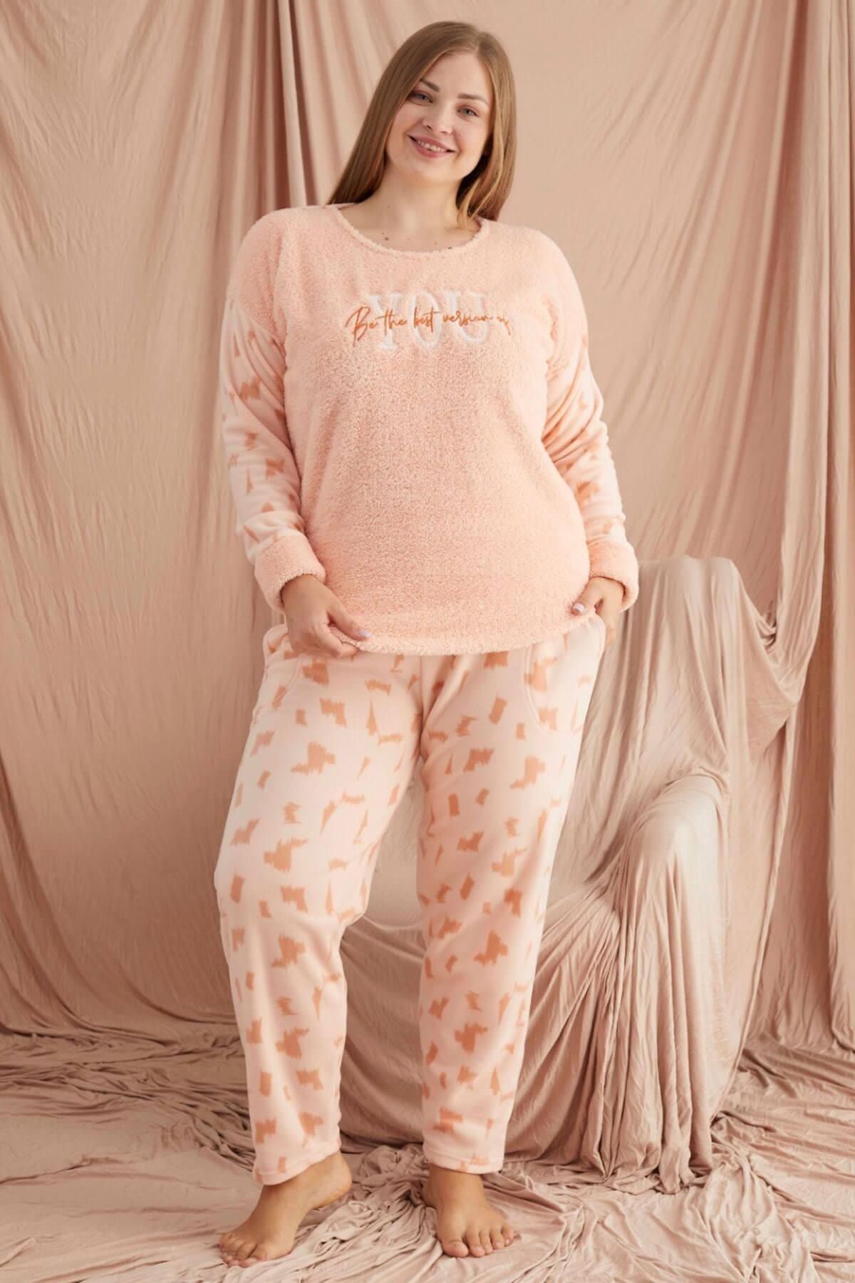 Pijamaevi-Set de pijamale de pluș de mărime mare Cream You Patterned 2
