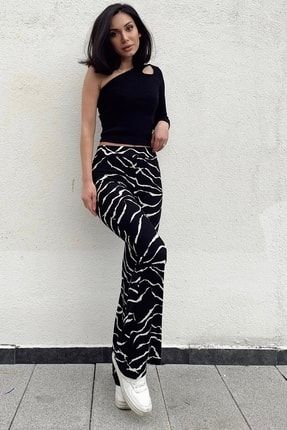 Kadın Siyah Mermer Desenli Ispanyol Paça Likralı Örme Pantolon Zebra 21IKSR9999