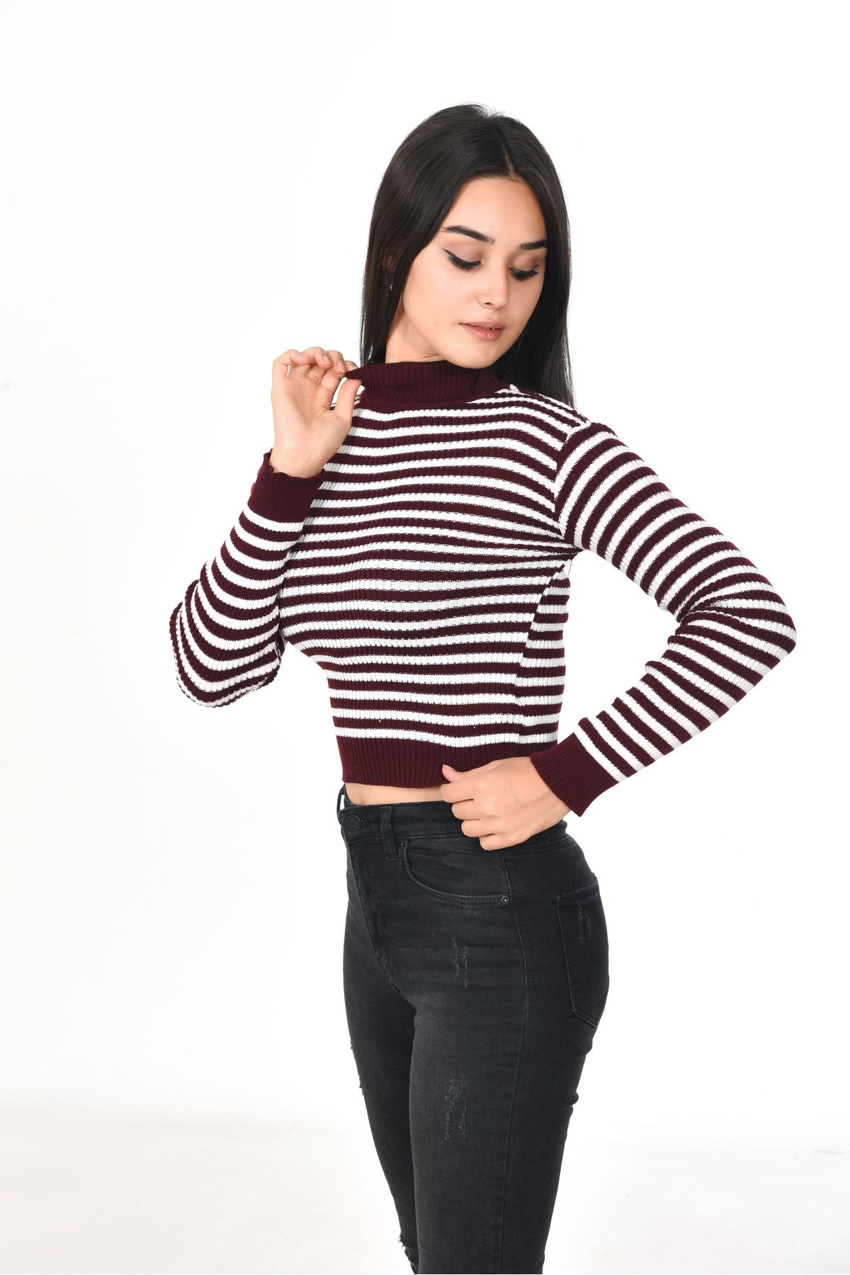 D ERMODA Women s Knitwear Thin Striped Half Fisherman Knitwear
