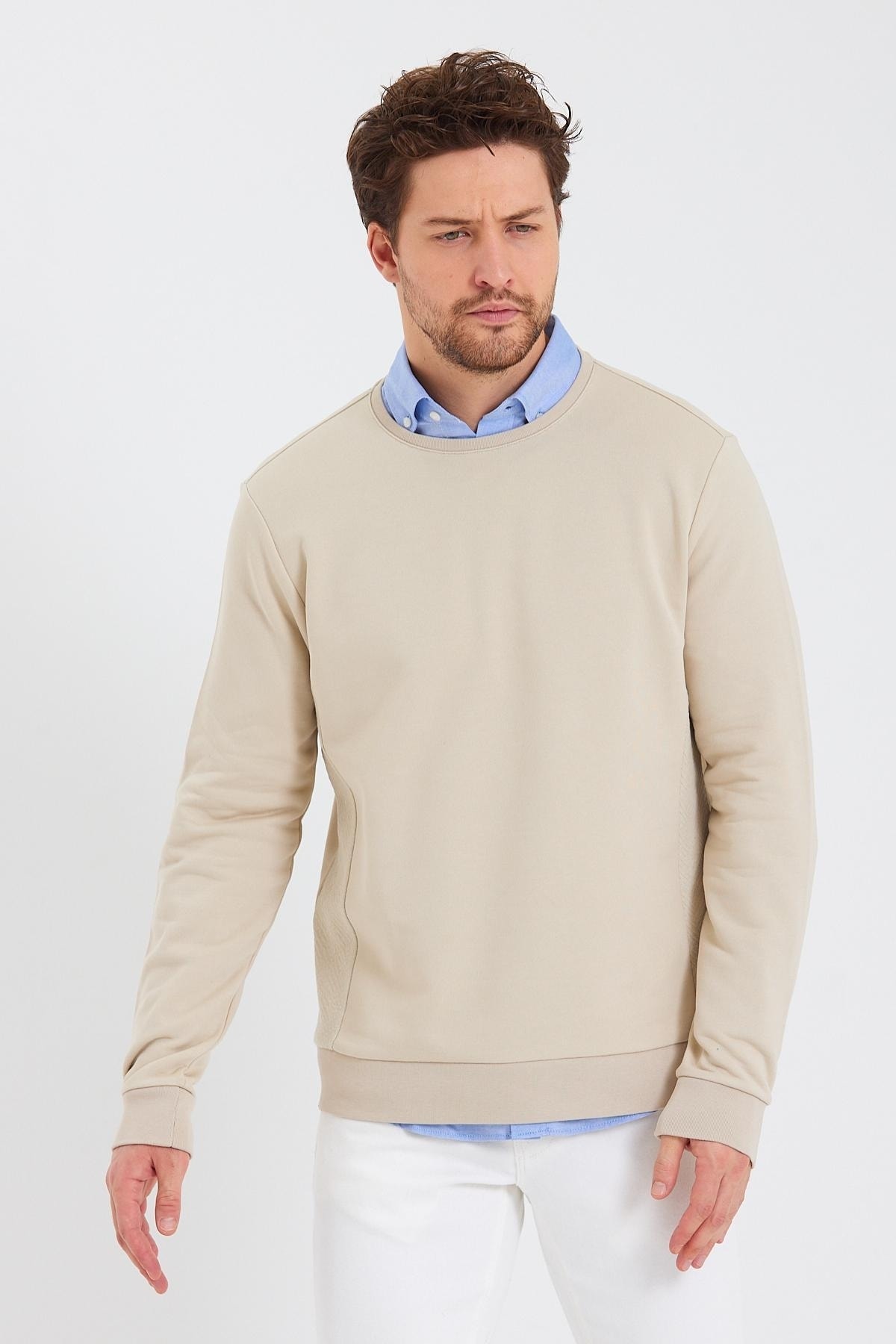 ENQUE Erkek Bisiklet Yaka Uzun Kol Kışlık Bej Sweatshirt görsel 6