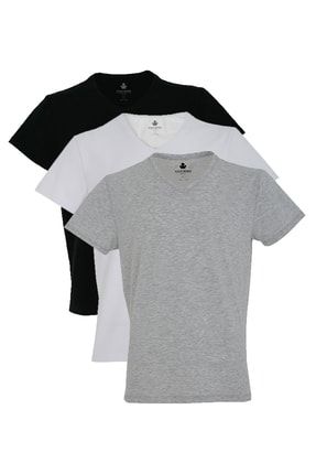 Erkek V Yaka T-shirt Simplo 3'lü Paket - Siyah, Beyaz, Açık Gri XFTS1S3