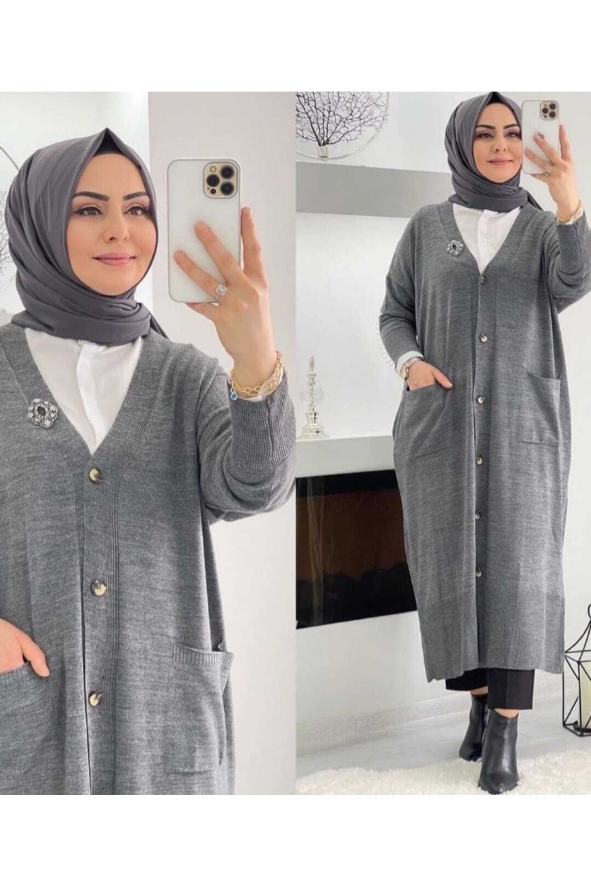 MODAMÜNASİP Harika Kadın Düğmeli Cepli Uzun Triko Hırka