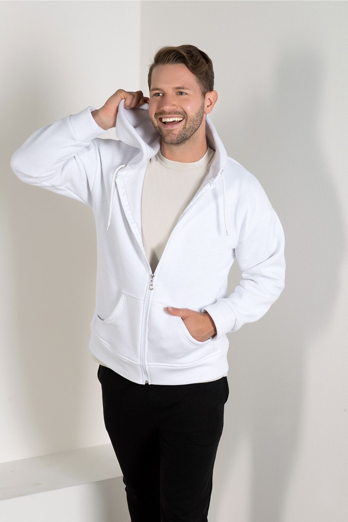 MyBen-Hanorac alb pentru bărbați, de bază, supradimensionat, cu fermoar, cu glugă, cardigan Erk42 4