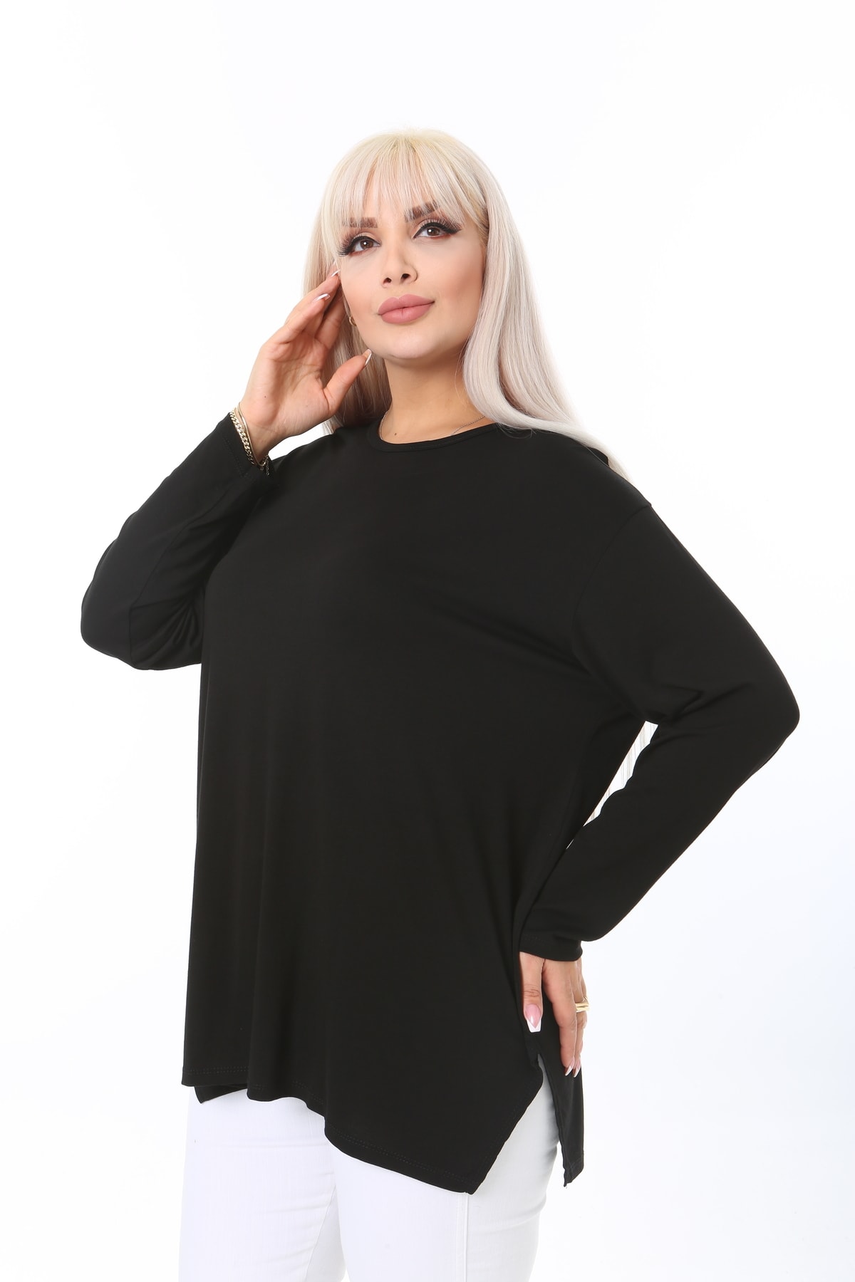 ÇİFTXL  Büyük Beden Örme Viskon Rahat Kalıp Uzun Kollu Basıc T-shirt