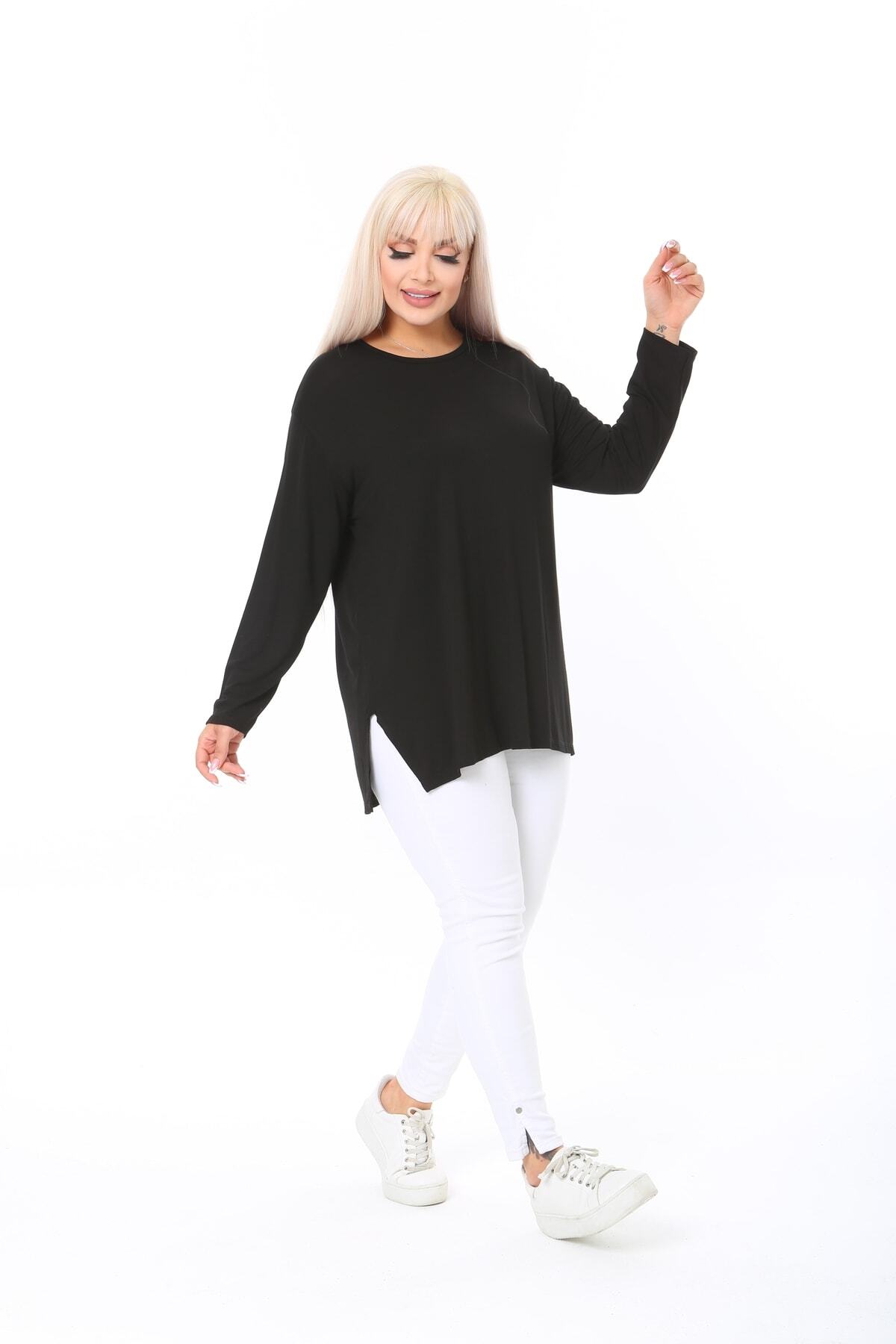 ÇİFTXL  Büyük Beden Örme Viskon Rahat Kalıp Uzun Kollu Basıc T-shirt - Görsel 2