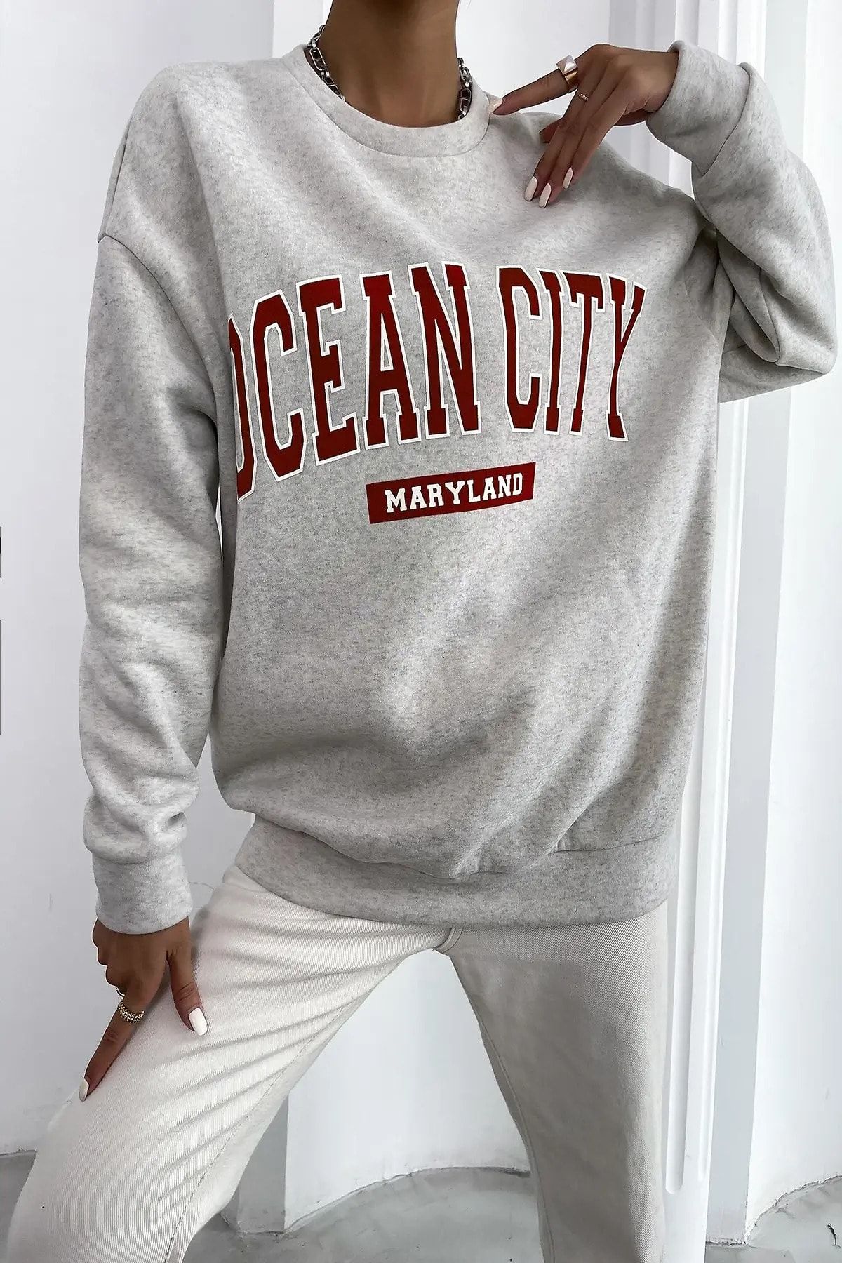 Machetta Hanorac Cu Imprimeu, Cu Gât Crew, Ocean City Maryland (visiniu), Gri Melange Femeie - 3XL