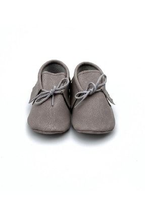 Kız Erkek Bebek Gri El Yapımı Bağcıklı Makosen Bebek Ayakkabıları ASAMAKTF