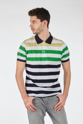 Polo Yaka Çizgili Kısa Kollu Yeşil-beyaz Erkek T-shirt 1102606