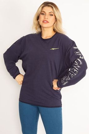 Kadın Lacivert Pamuklu Kumaş Kol Aplikeli Sweatshirt 65N31025