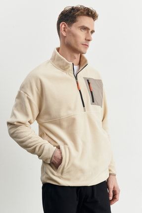 Erkek Bej Oversize Fit Geniş Kesim Bato Yaka Cep Detaylı Fermuarlı Soğuk Geçirmez Polar Sweatshirt 4A5222100216