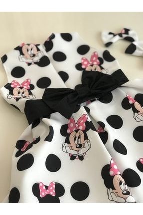 Minie Mouse Desen Pileli Kolsuz Kemerli Doğum Günü Elbisesi EL-0019