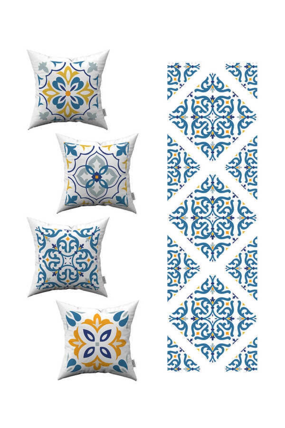 Cango Home Beyaz Mavi Modern Etnik Karo Desenli 4lü Kırlent Kılıfı 1 Runner Seti 4kmbs100-rs-02