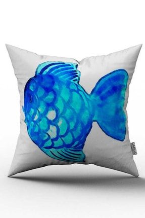 Çift Taraflı Beyaz Mavi Marin Balık Desenli Dijital Baskılı Kırlent Kılıfı - Otyk562-ct OTYK562-CT