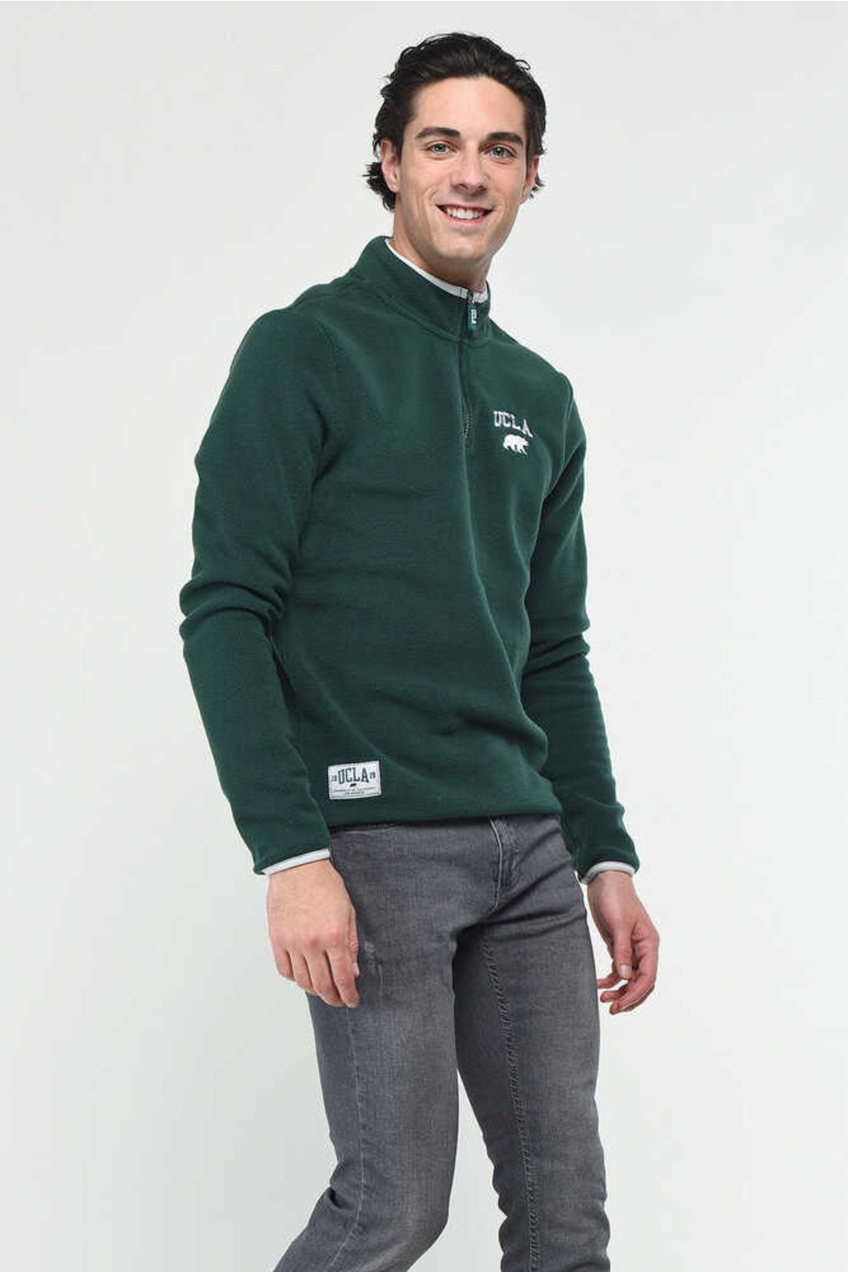 UCLA Cornıng Yeşil Yarım Fermuarlı Nakışlı Polar Erkek Sweatshirt