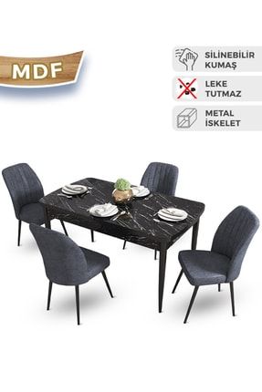 Mun Serisi Mdf Siyah Mermer Desenli Mutfak Masası Takımı 4 Adet Füme Sandalye CNS-04MNSY