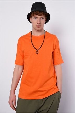 Men Oranj Oversize Basic Düz Model T-shirt A19Y9214
