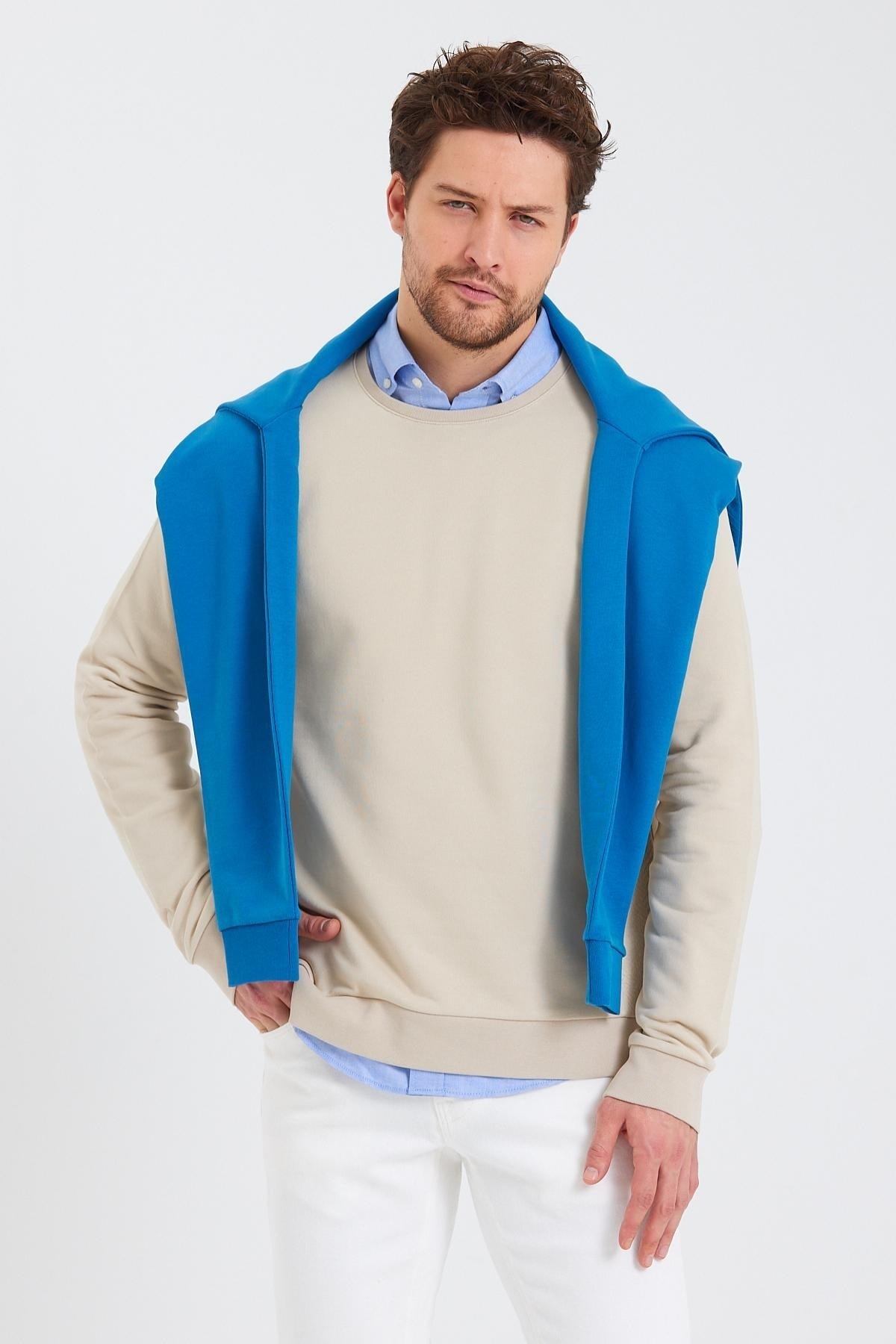 ENQUE Erkek Bisiklet Yaka Uzun Kol Kışlık Bej Sweatshirt görsel 4