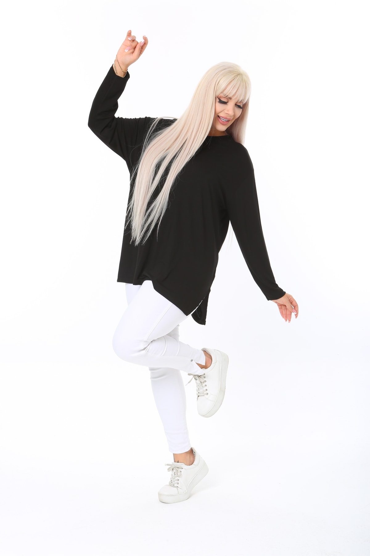 ÇİFTXL  Büyük Beden Örme Viskon Rahat Kalıp Uzun Kollu Basıc T-shirt - Görsel 5