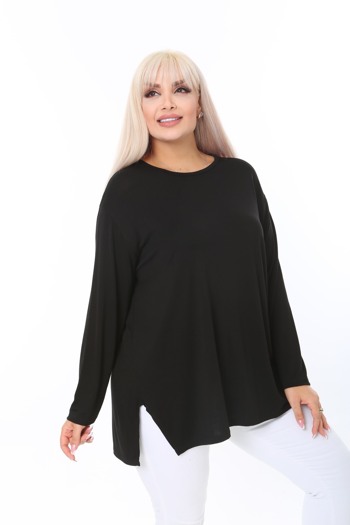 ÇİFTXL  Büyük Beden Örme Viskon Rahat Kalıp Uzun Kollu Basıc T-shirt - Görsel 7