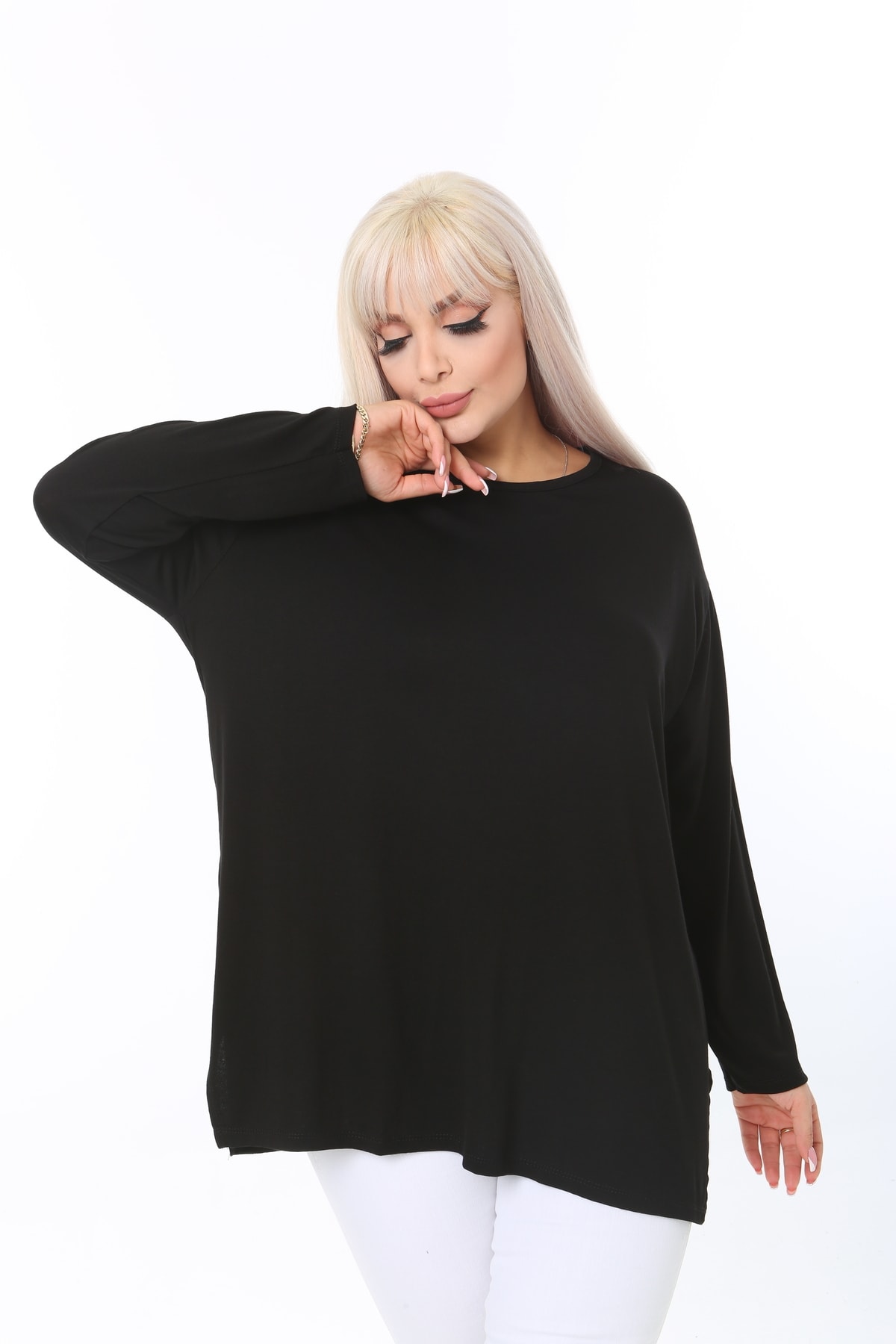 ÇİFTXL  Büyük Beden Örme Viskon Rahat Kalıp Uzun Kollu Basıc T-shirt - Görsel 8