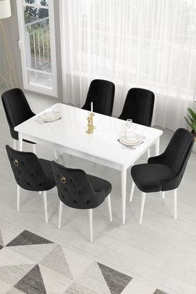 Lav Serisi Sabit 80x130 Mutfak Masa Takımı Beyaz Masa+6 Siyah Sandalye PRA-4950400-598493