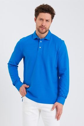 Erkek Gömlek Yaka Uzun Kol Pike Tişört Petrol-mavi 426LROM