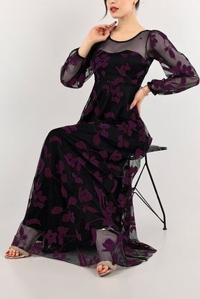 Kadın Mor Flok Baskı Astarlı Uzun Abiye Elbise Nkt-md1-115651 NKT-MD1-115651