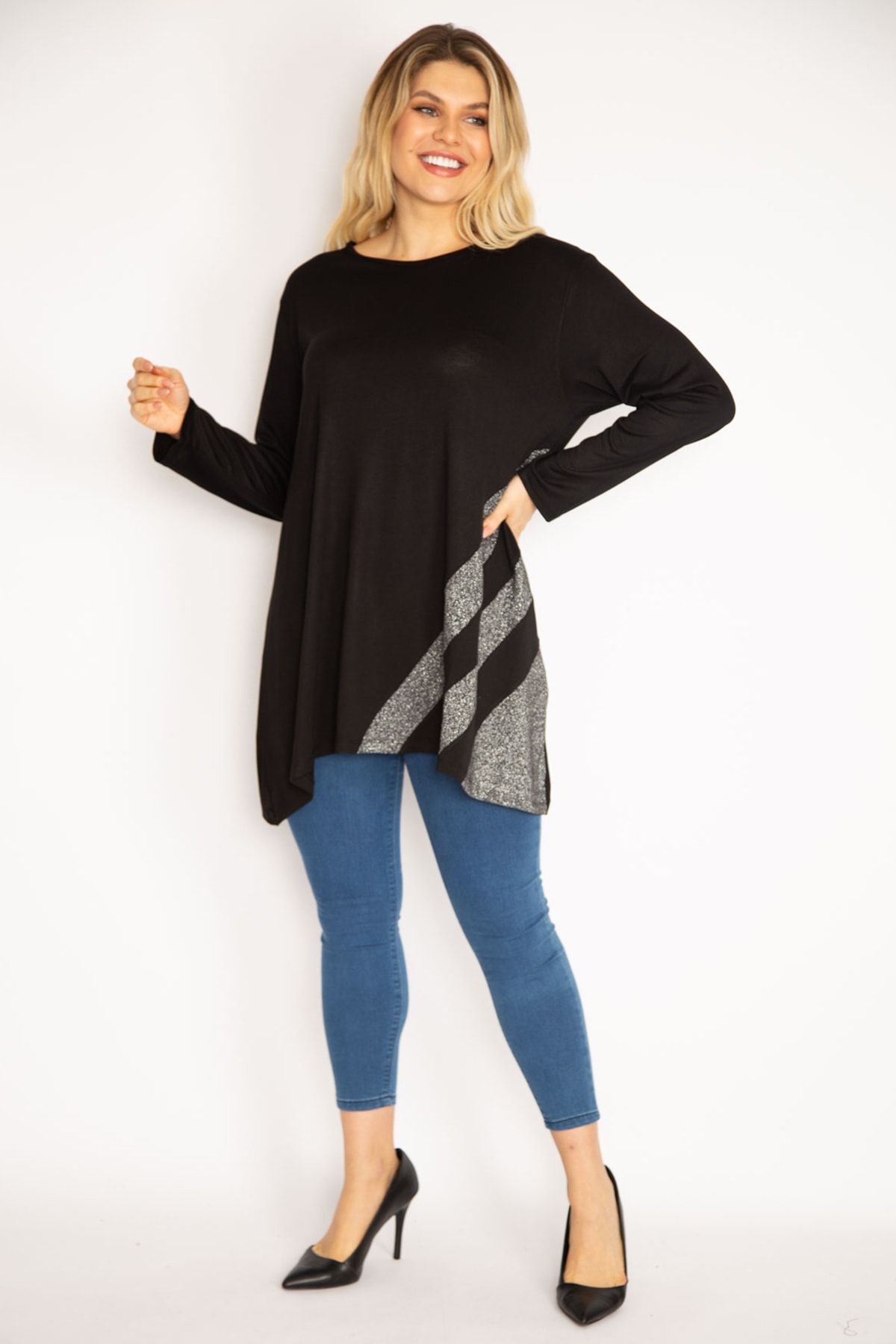 Şans-Women's Large Size Black Glitter Detailed Tunic 65n35186 4