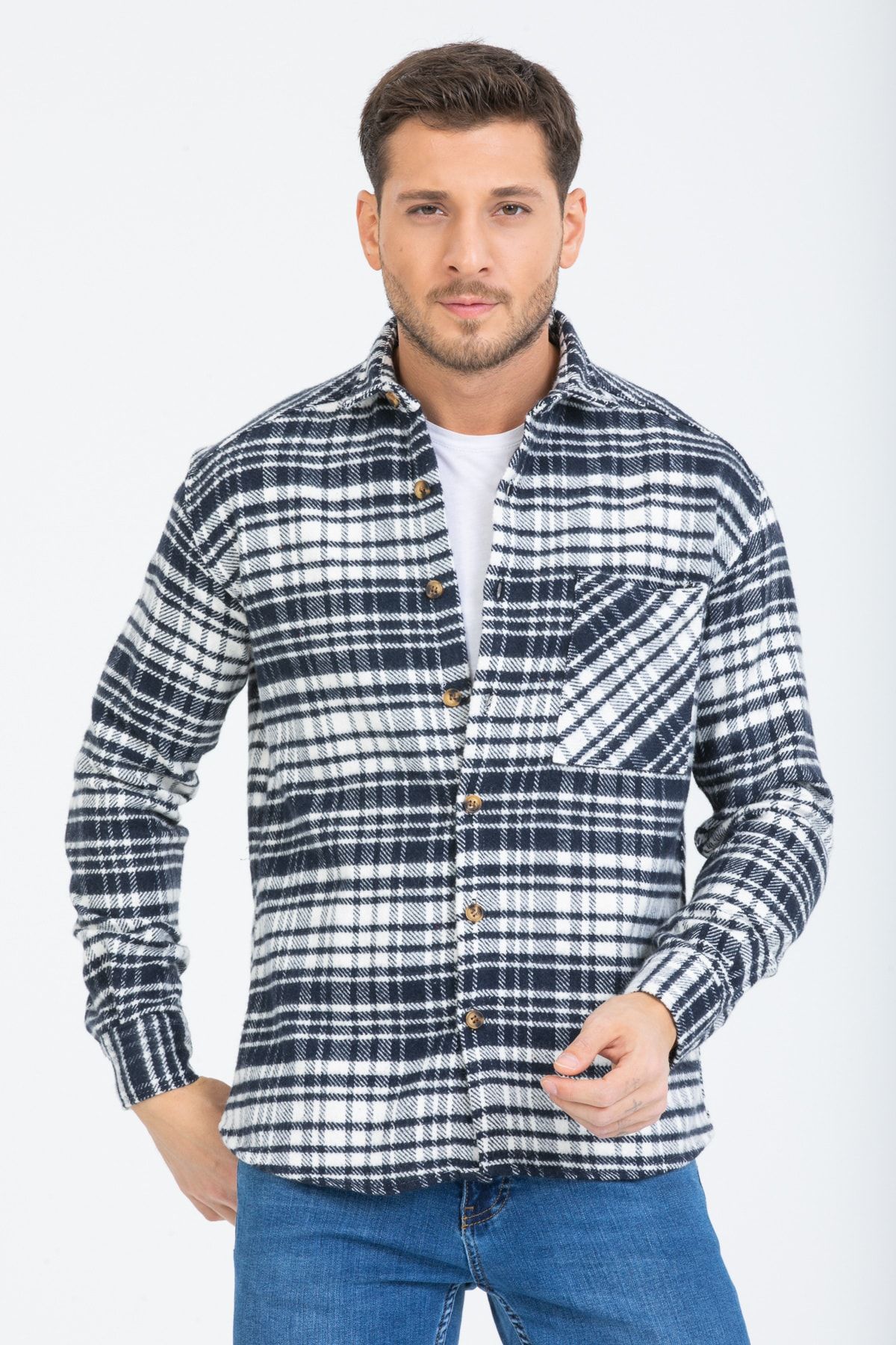Striped shirt with plaid jacket online