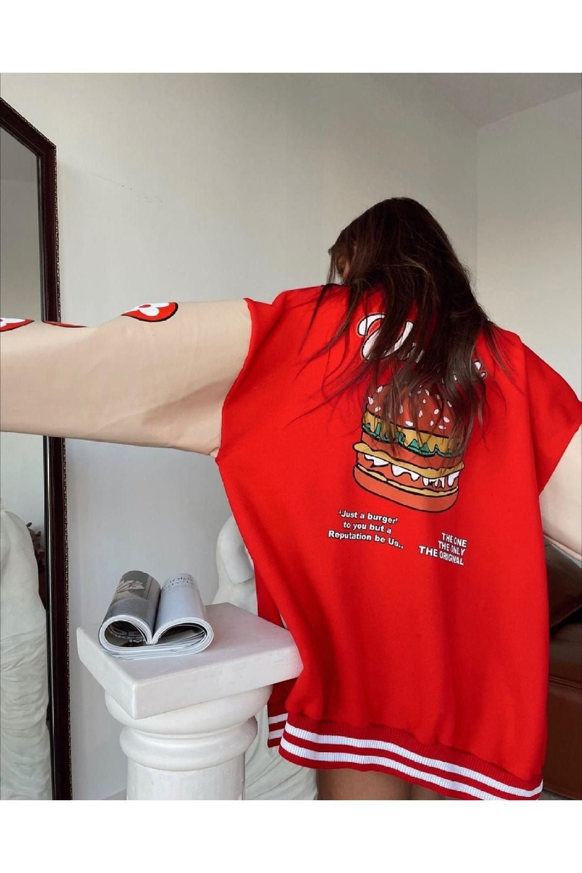 Unisex Kırmızı Hamburger Sırt Baskılı Kolları Deri Oversize Kolej Ceket