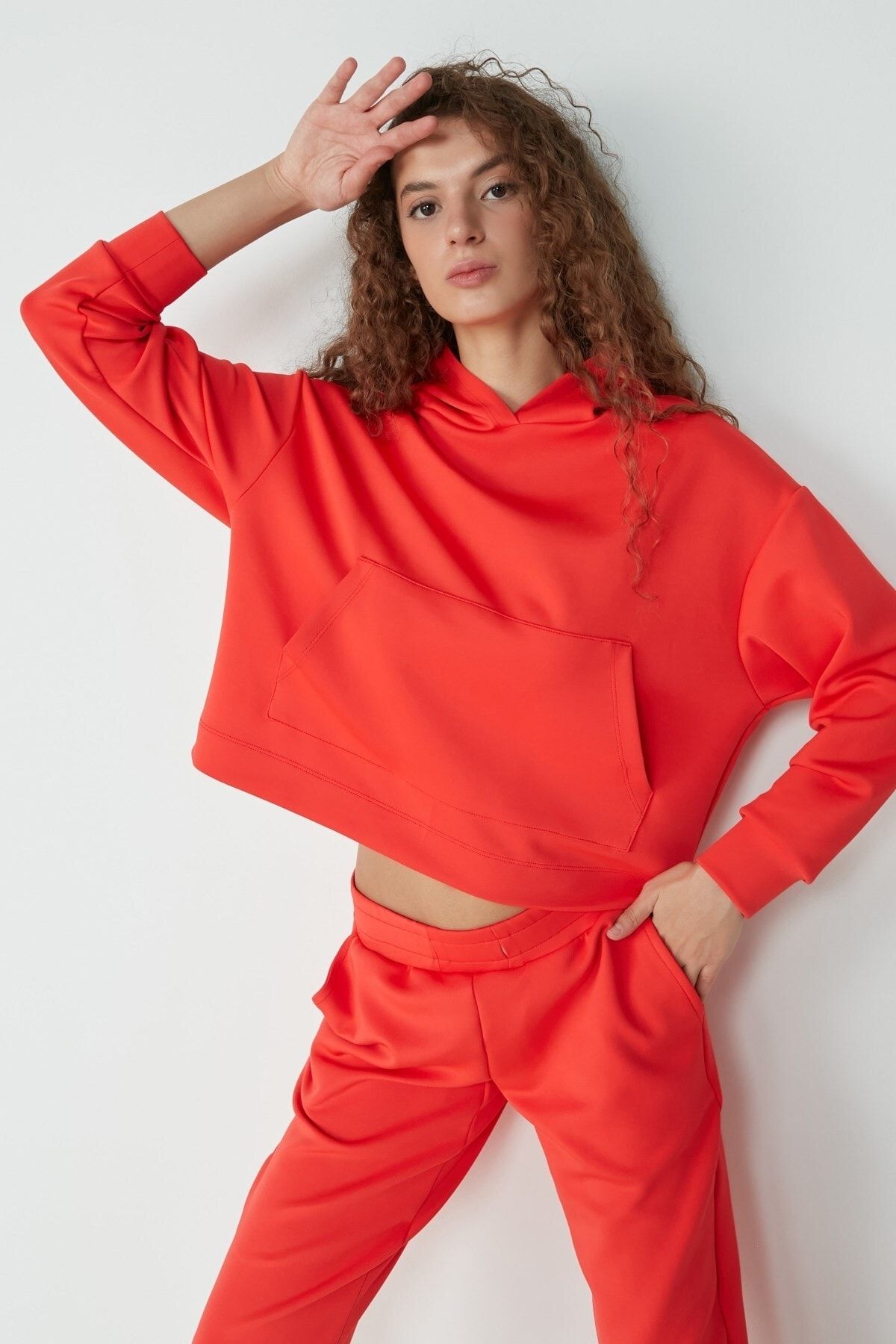 C&amp;City Kapüşonlu Sweatshirt Eşofman Takım 9103 Mercan VB9273