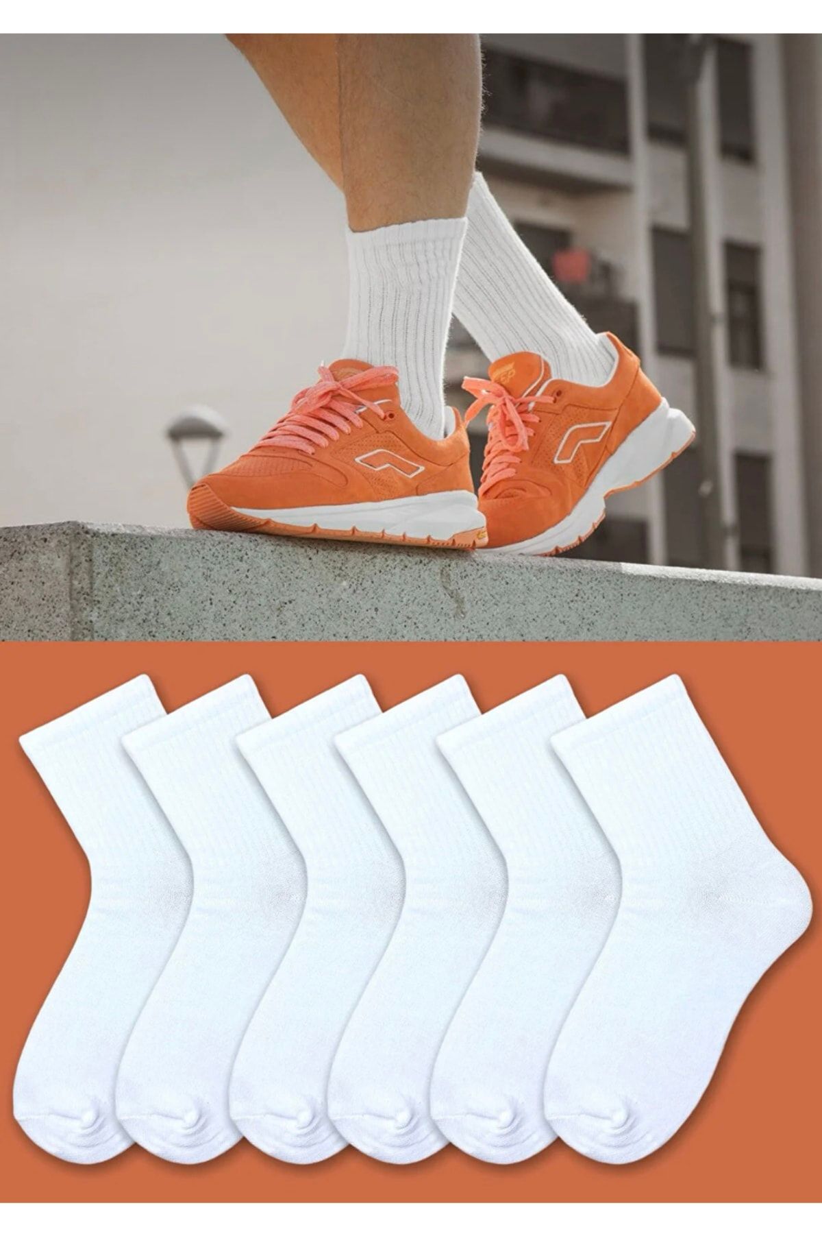 6'lı Unisex Tenis Boy Desensiz Uzun Beyaz Çorap Seti %80 Cotton, %17 Polyamide %3 Elastan
