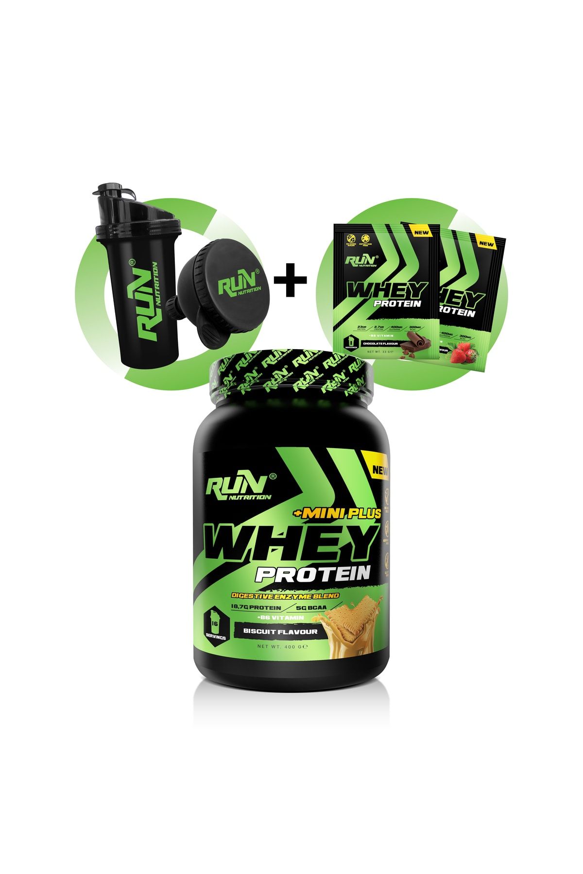 Run Nutrition Whey Protein Mini Plus Bisküvi 400g - 16 Servis - 4 Hediye(shaker,huni,2 Adet Saşe Whey Protein)