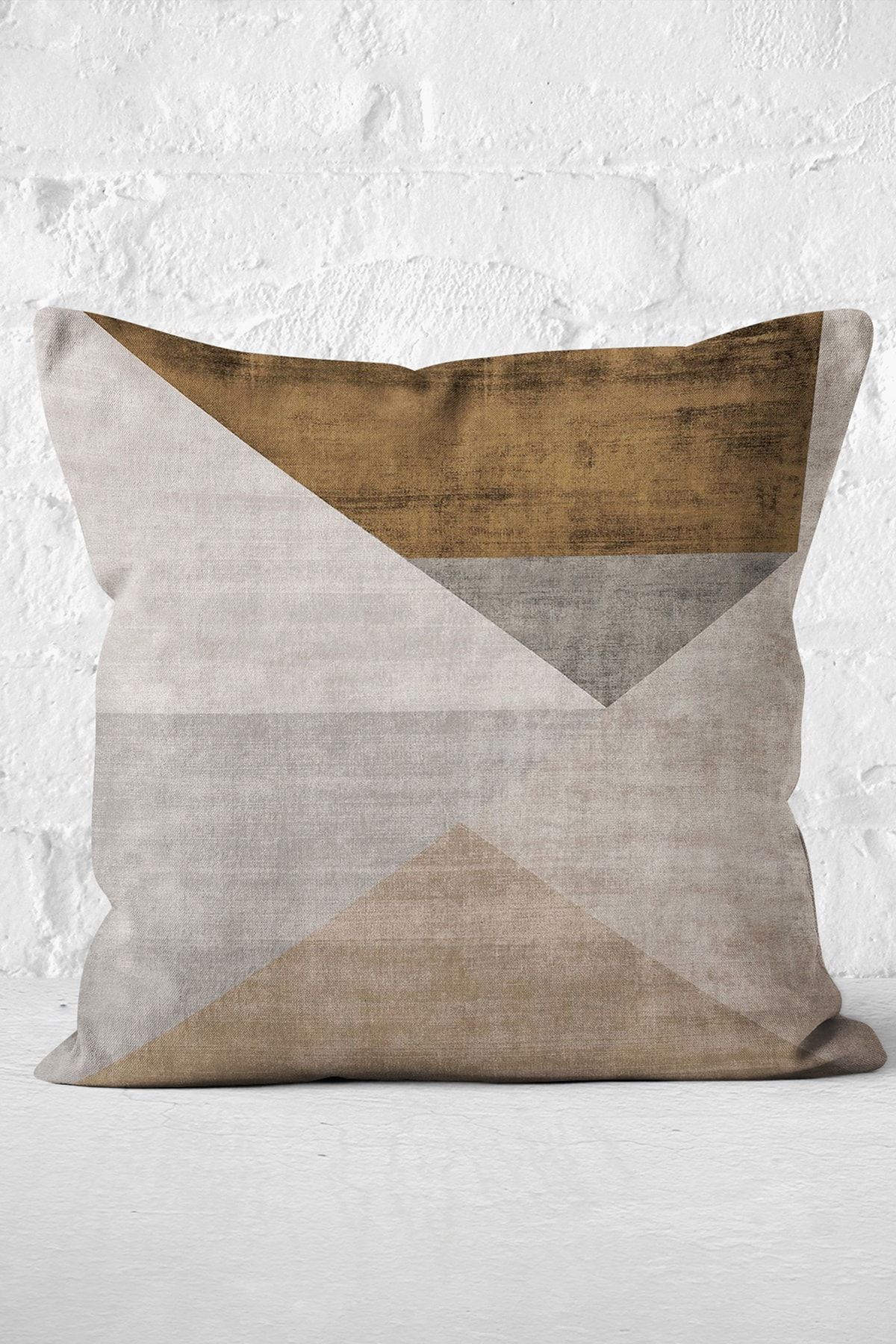 Realhomes-Digital Printed Pillow and Throw Pillow Cover with Geometric Motif and Triangle Pattern on Brown - Gray Background 3