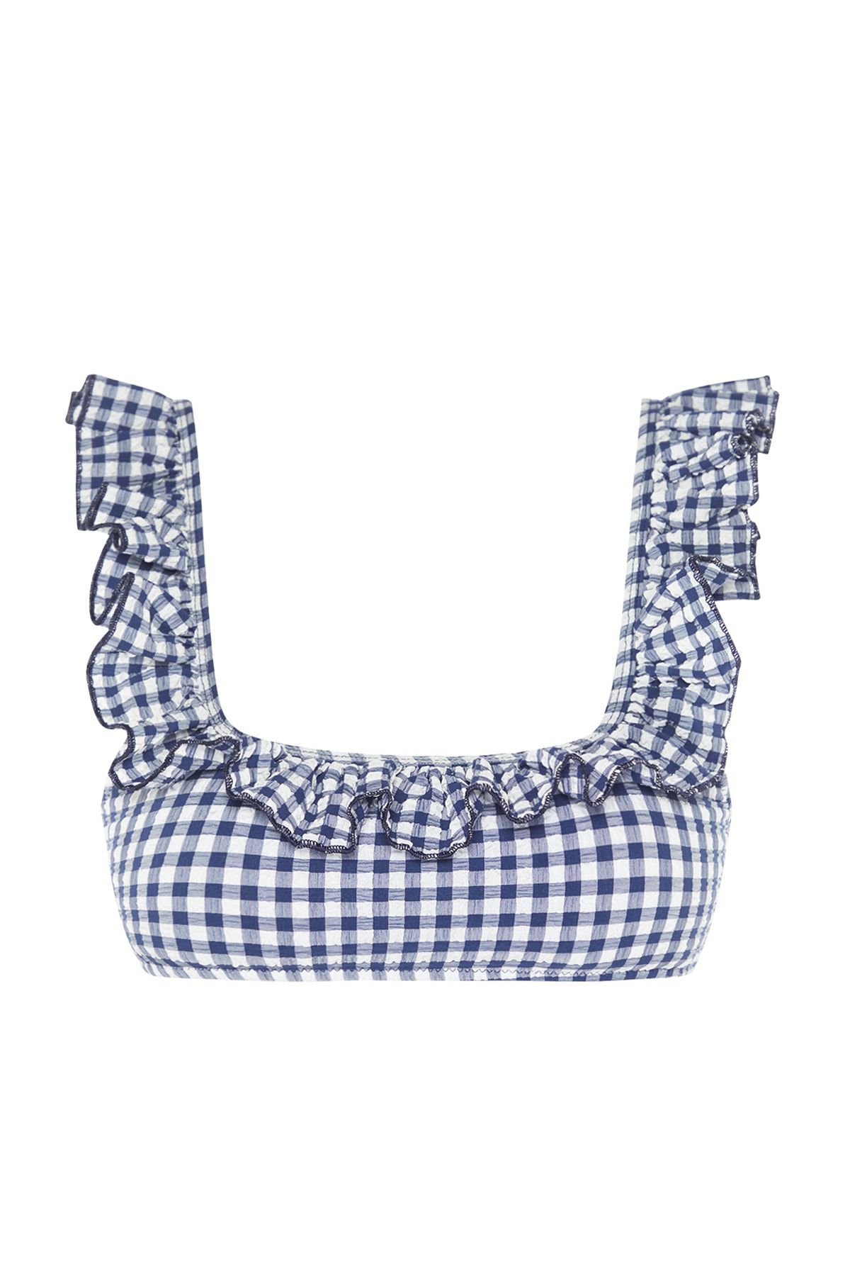 Trendyol Collection-Marineblaues Gingham-strukturiertes Bralet-Bikinioberteil mit Volants TBESS23BU00145 7