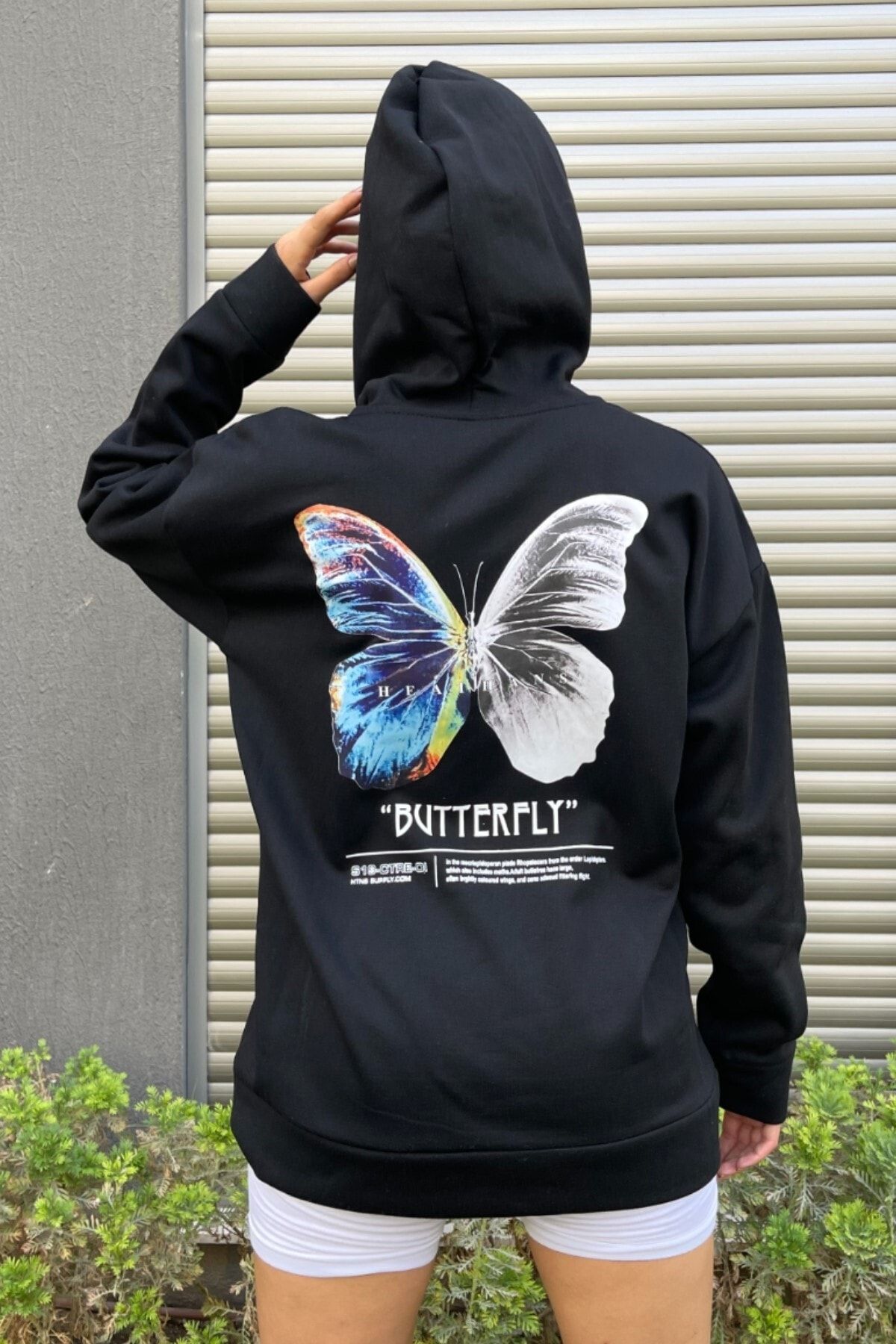 MODAGEN Women s Black Butterfly Printed Hooded Oversize Sweatshirt