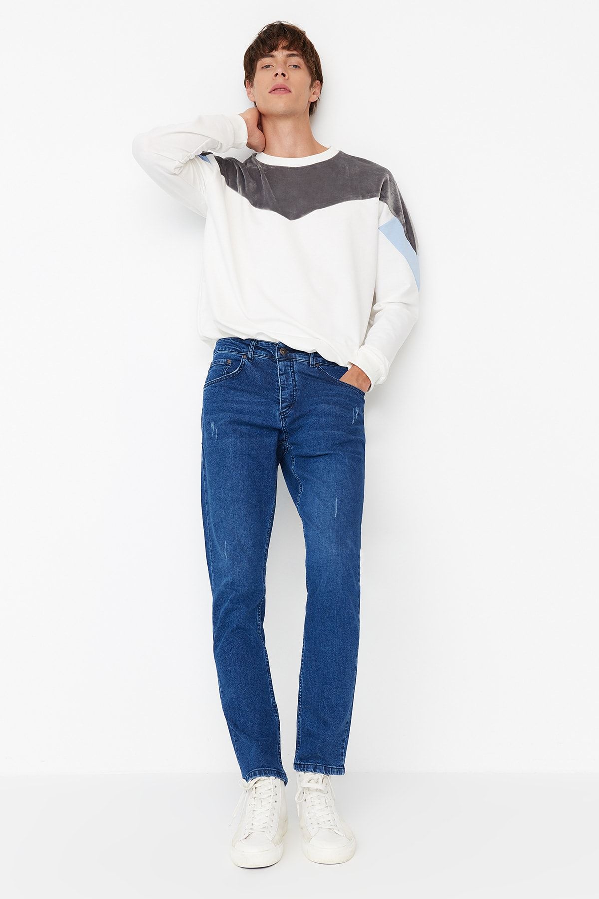 Lacivert Erkek Esnek Kumaş Tırmık Destroylu Slim Fit Jeans Kot Pantolon TMNSS21JE0067