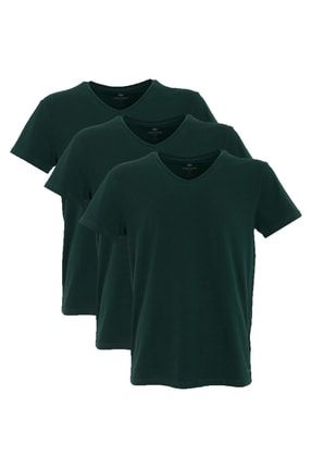 Erkek V Yaka T-shirt Simplo 3'lü Paket - Koyu Yeşil XFTS1S3