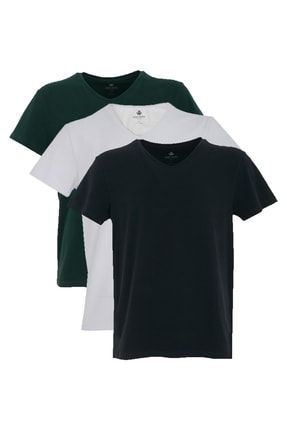 Erkek V Yaka T-shirt Simplo 3'lü Paket - Lacivert, Koyu Yeşil, Beyaz XFTS1S3
