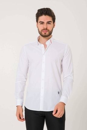 Beyaz Nakışlı Slim Fit Gömlek P0GY0166621-101