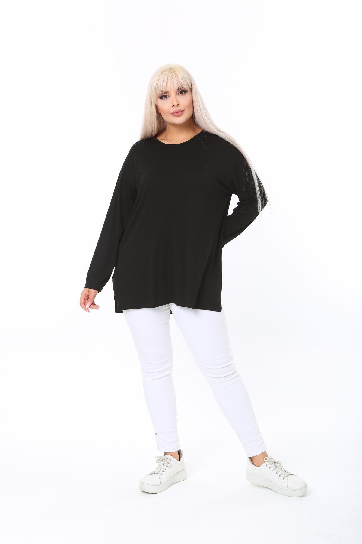 ÇİFTXL  Büyük Beden Örme Viskon Rahat Kalıp Uzun Kollu Basıc T-shirt - Görsel 3