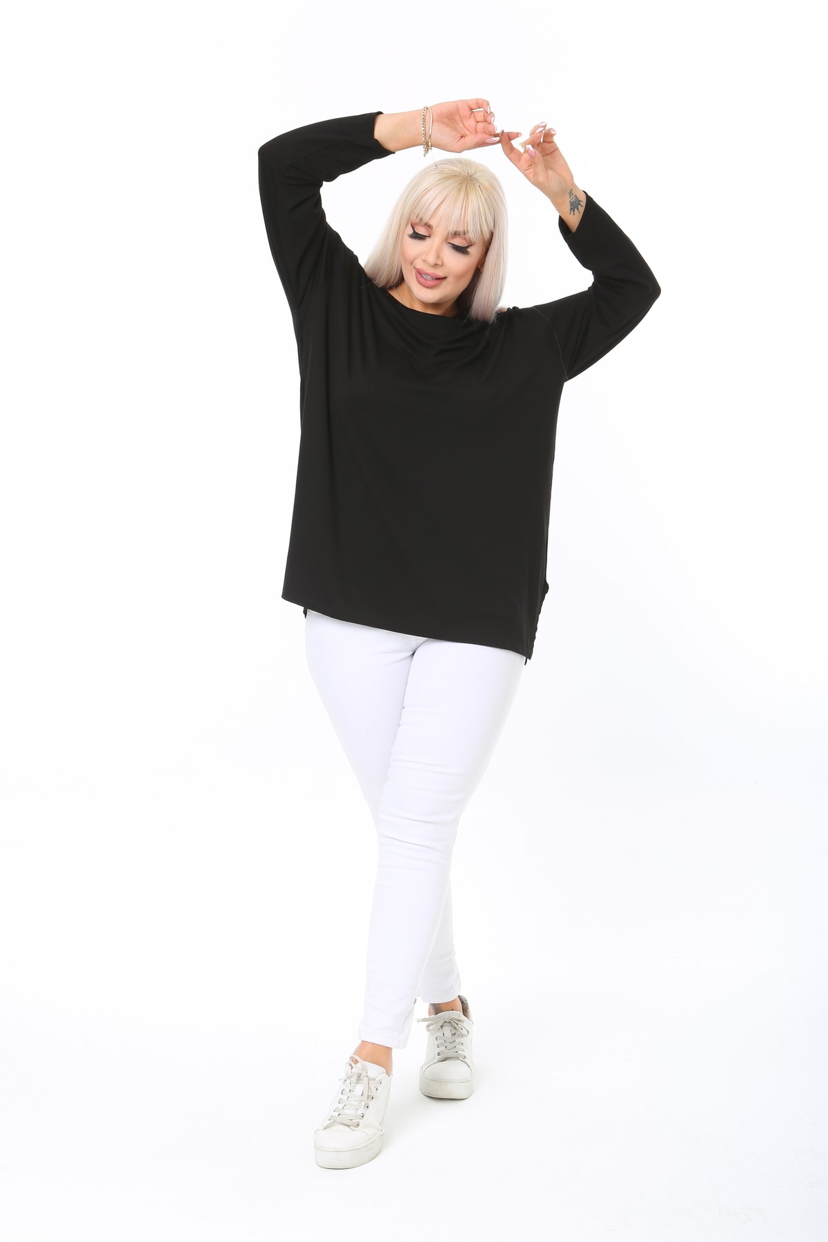 ÇİFTXL  Büyük Beden Örme Viskon Rahat Kalıp Uzun Kollu Basıc T-shirt - Görsel 4