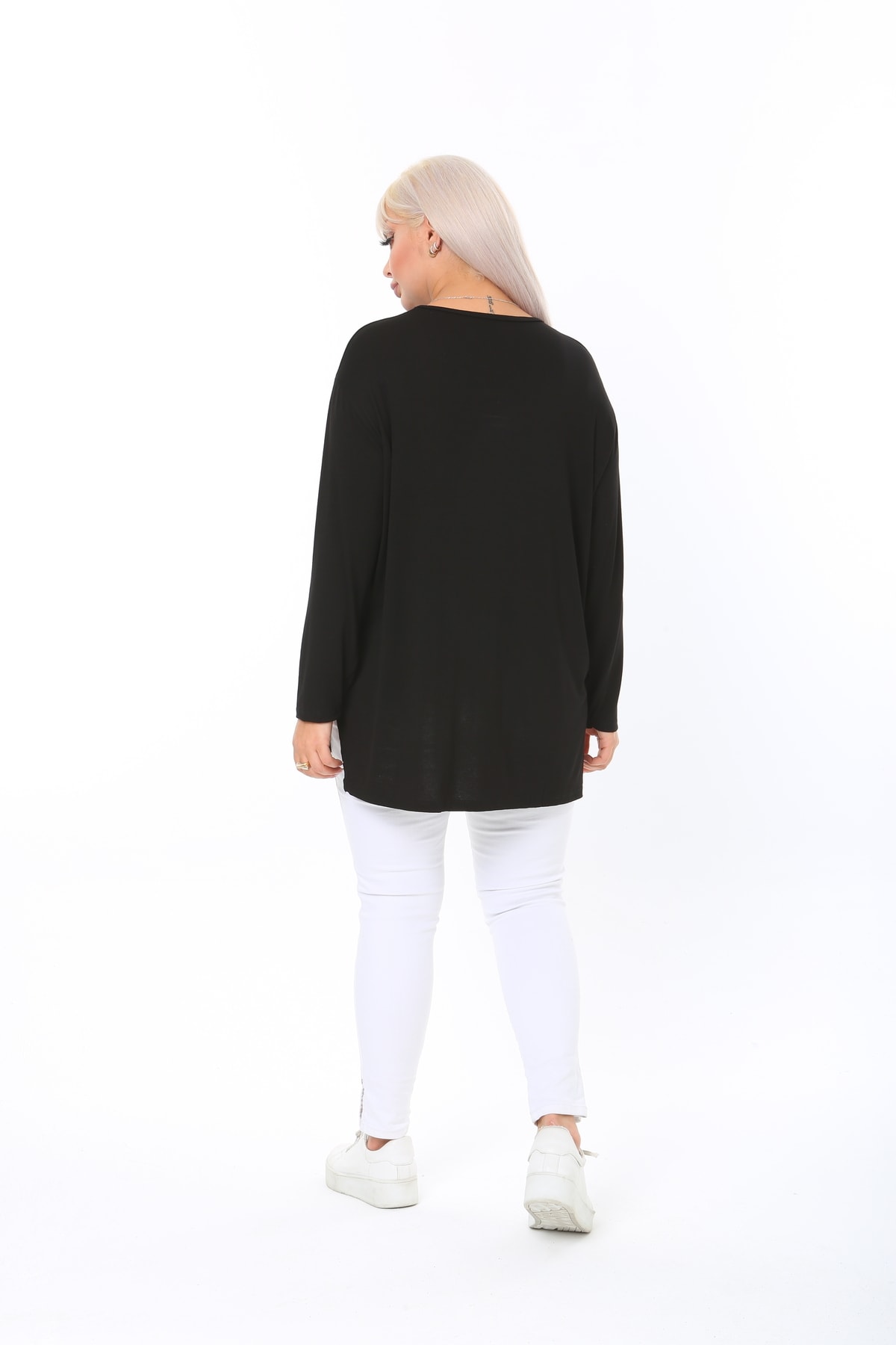 ÇİFTXL  Büyük Beden Örme Viskon Rahat Kalıp Uzun Kollu Basıc T-shirt - Görsel 6