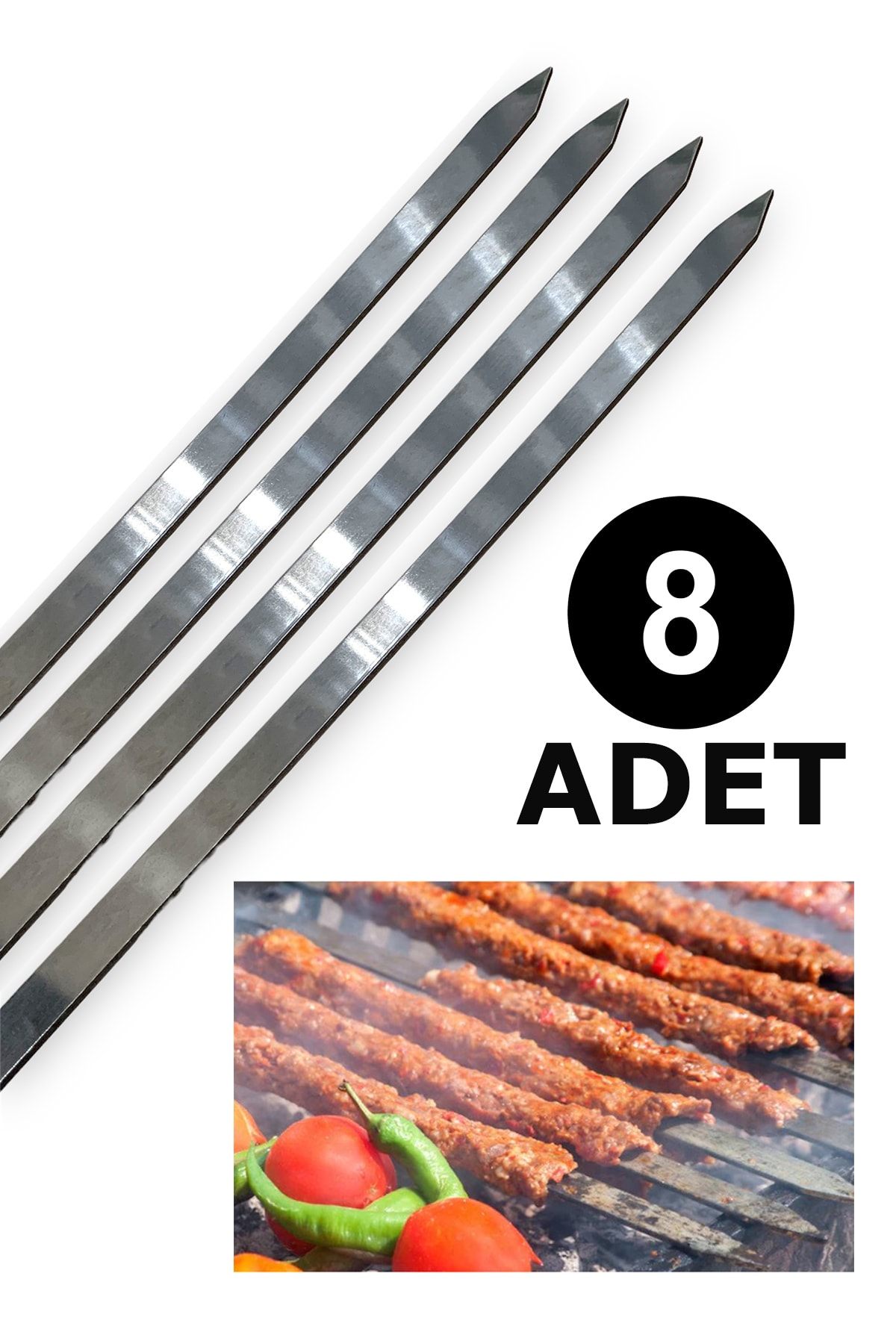 pratikoutdoor Paslanmaz Çelikten (krom) 3mm Adana Kebab Şiş 2.5cmx60cm (8 Adet)